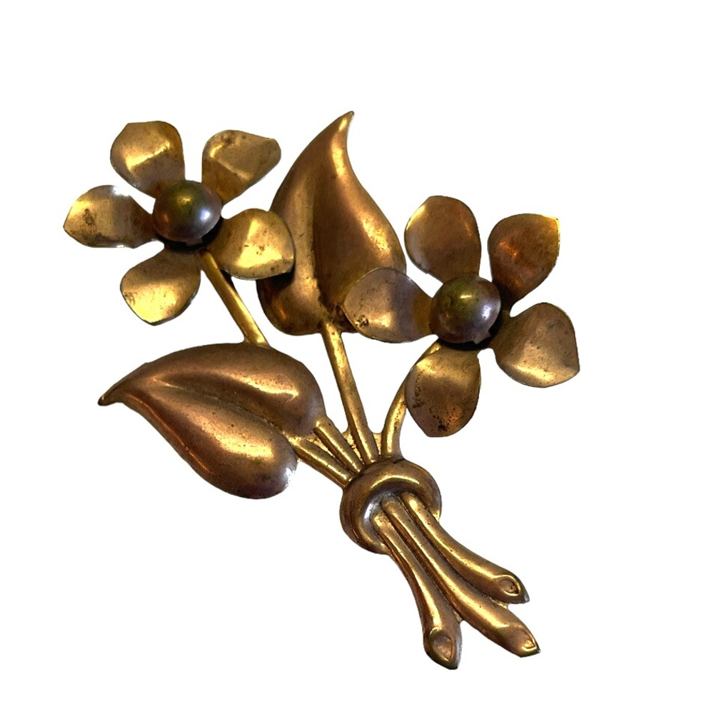Vtg‎ Bouquet Brooch Pin Floral Flower Nosegay Brass Tone Metal 3"t x 2"w